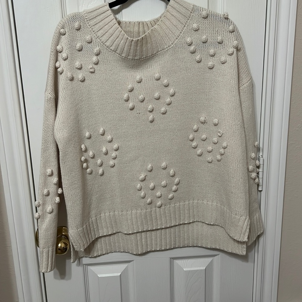 Altar’d State Cropped Cream Sweater Size Large with Pom-Pom detailing